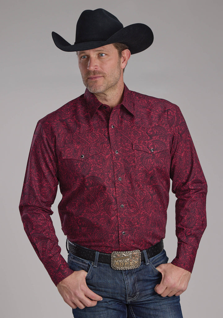 MENS BURGUNDY PAISLEY LONG SLEEVE SNAP WESTERN SHIRT