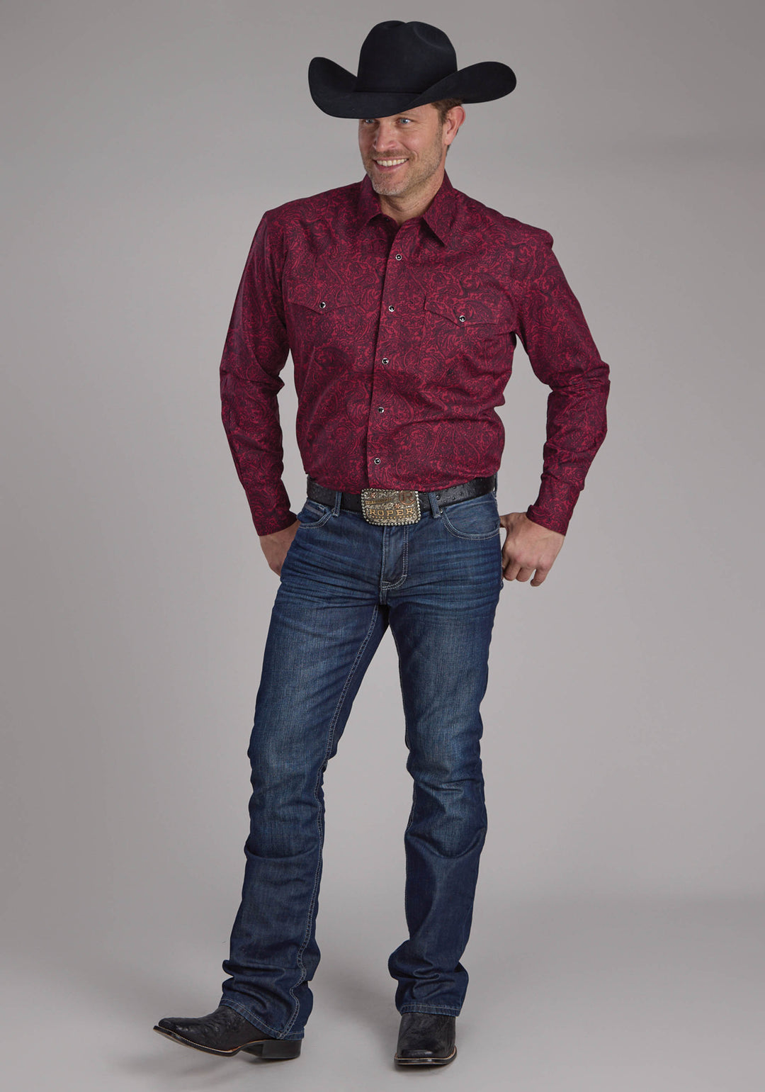 MENS BURGUNDY PAISLEY LONG SLEEVE SNAP WESTERN SHIRT