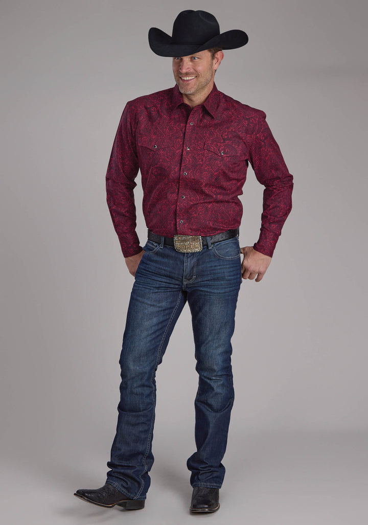 MENS BURGUNDY PAISLEY LONG SLEEVE SNAP WESTERN SHIRT