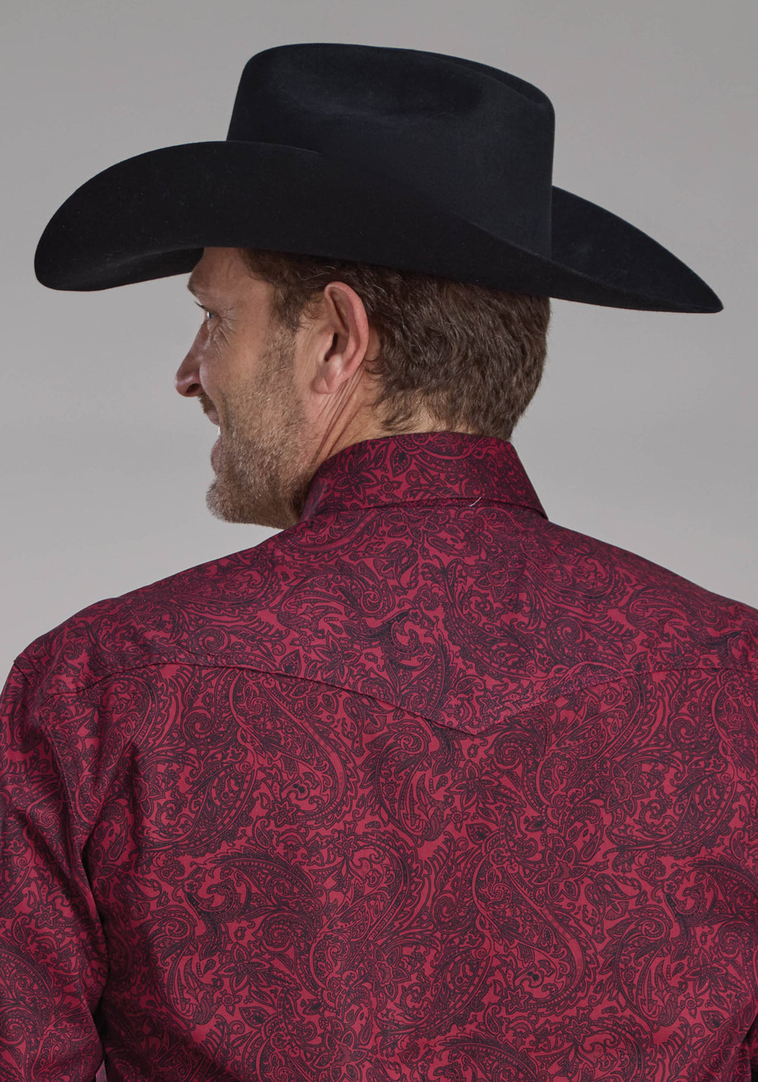 MENS BURGUNDY PAISLEY LONG SLEEVE SNAP WESTERN SHIRT