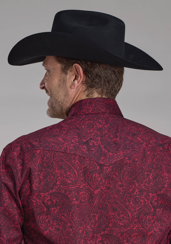 MENS BURGUNDY PAISLEY LONG SLEEVE SNAP WESTERN SHIRT