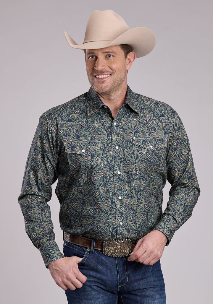 MENS LONG SLEEVE SNAP FOREST PAISLEY WESTERN SHIRT