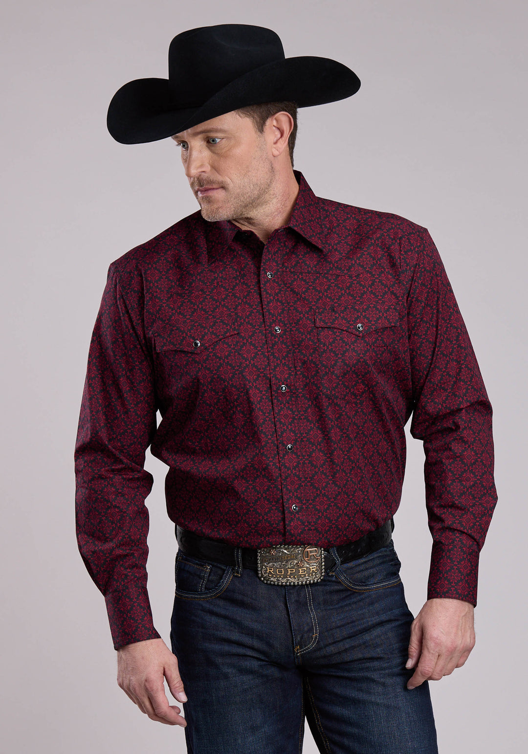 MENS LONG SLEEVE SNAP GARNET MEDALLION WESTERN SHIRT