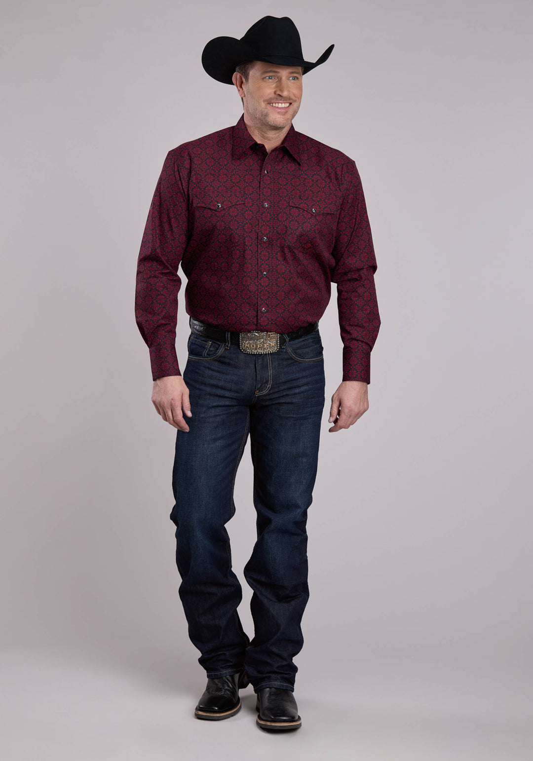 MENS LONG SLEEVE SNAP GARNET MEDALLION WESTERN SHIRT