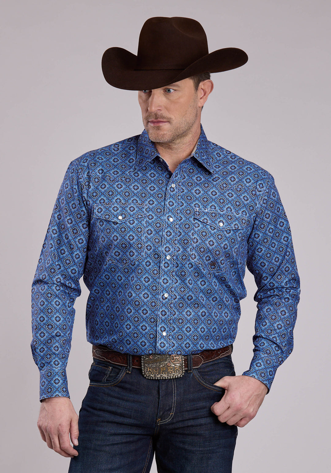 MENS LONG SLEEVE SNAP VINTAGE BLUE MEDALLION PAISLEY WESTERN SHIRT