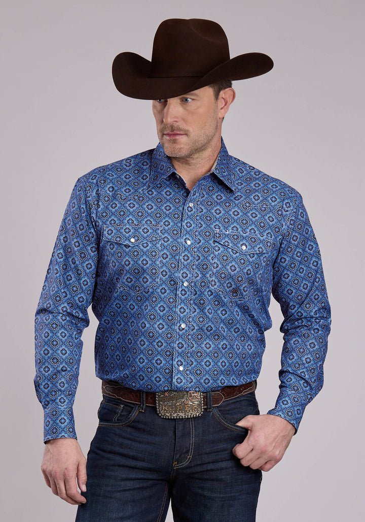 MENS LONG SLEEVE SNAP VINTAGE BLUE MEDALLION PAISLEY WESTERN SHIRT