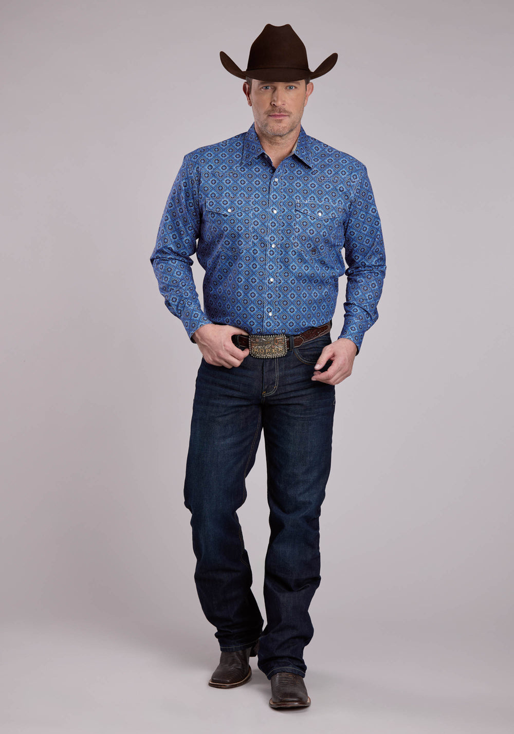 MENS LONG SLEEVE SNAP VINTAGE BLUE MEDALLION PAISLEY WESTERN SHIRT