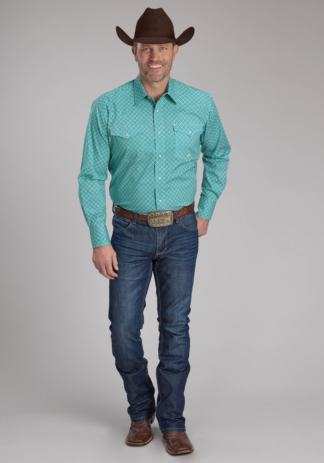 MENS STRETCH FOUR POINT FOULARD - TURQ LONG SLEEVE SNAP WESTERN SHIRT