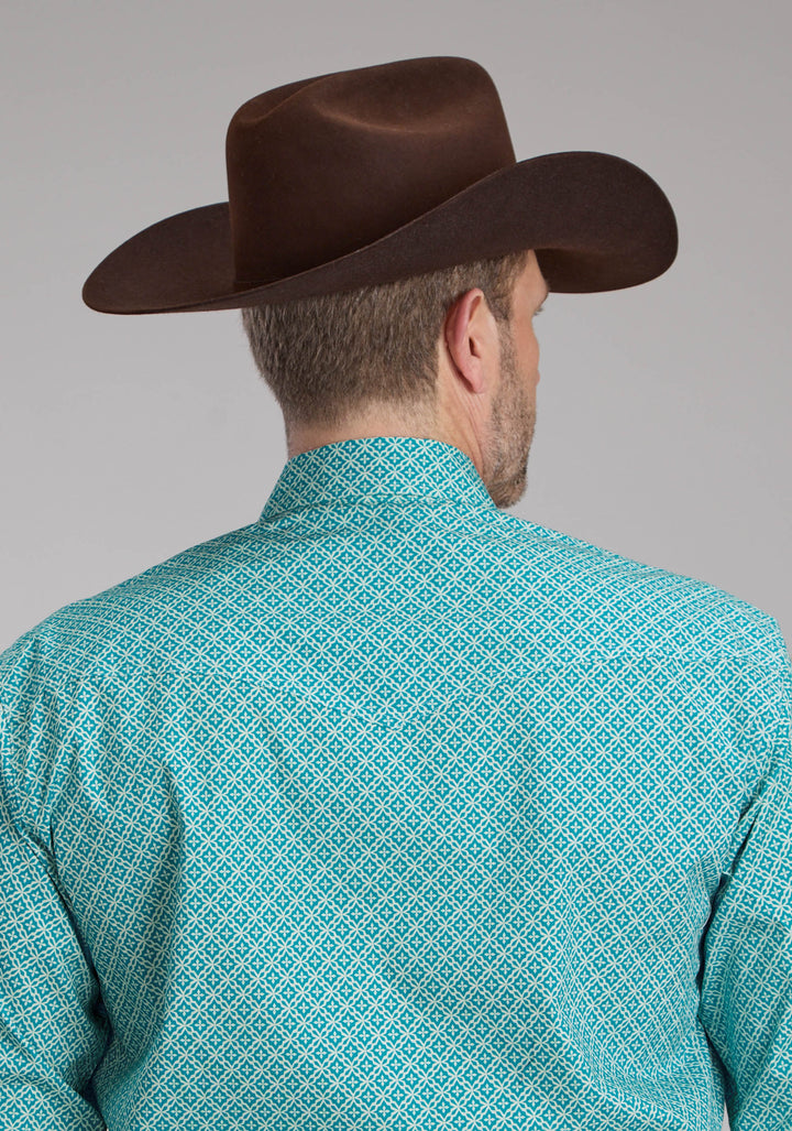 MENS STRETCH FOUR POINT FOULARD - TURQ LONG SLEEVE SNAP WESTERN SHIRT