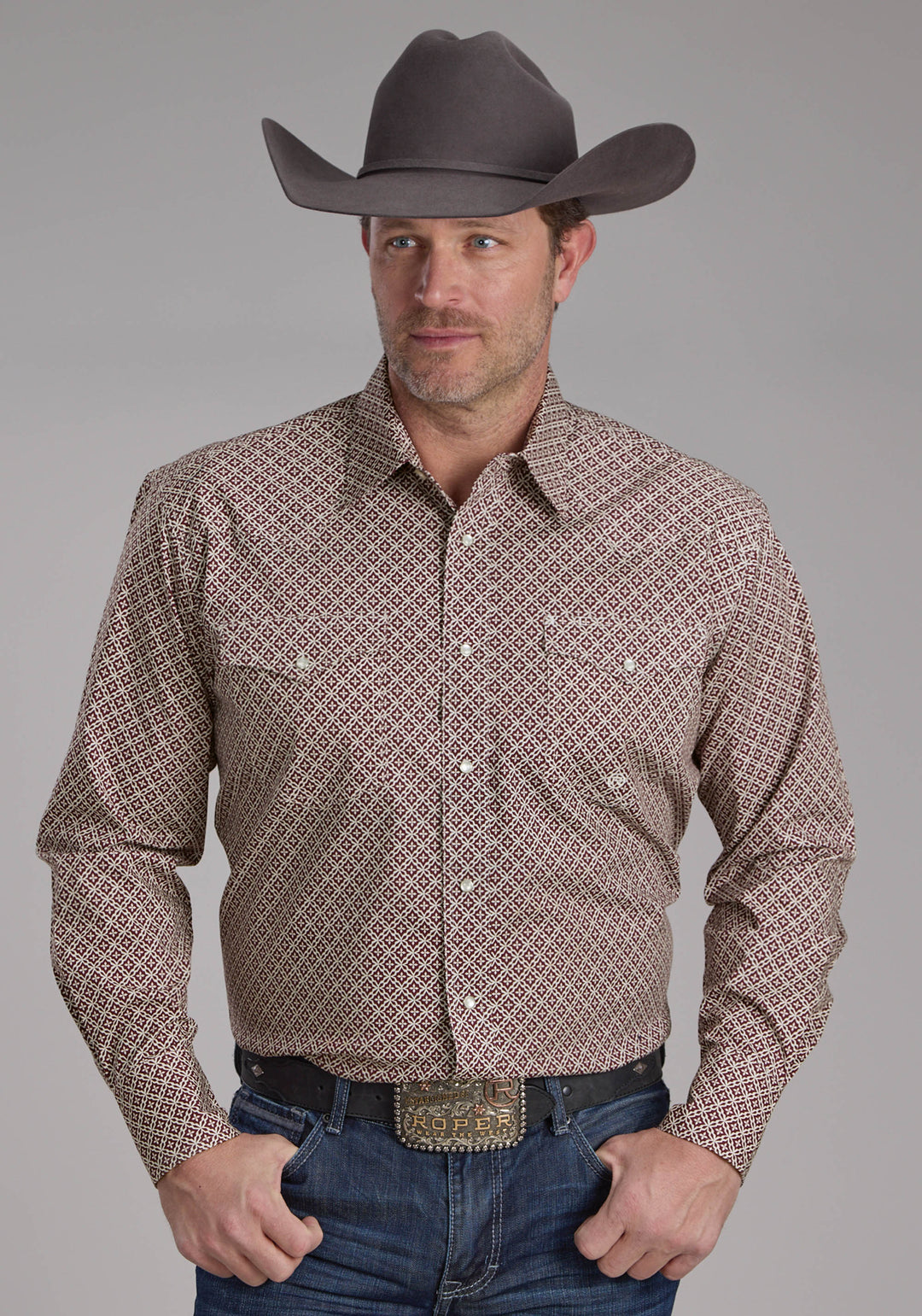 MENS STRETCH FOUR POINT FOULARD - WINE LONG SLEEVE SNAP WESTERN SHIRT