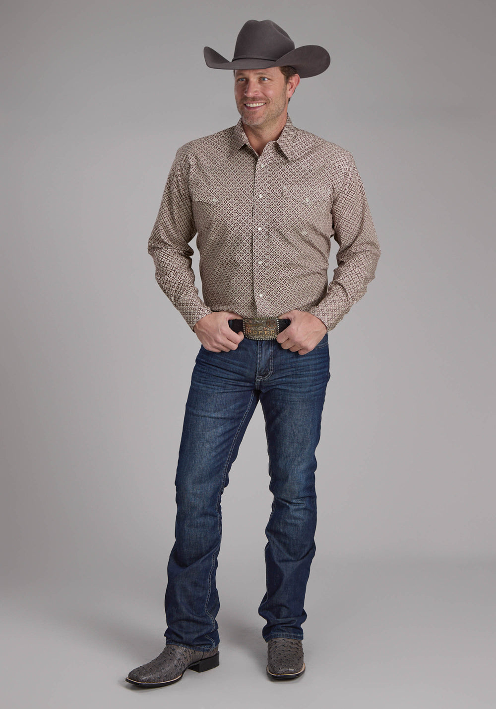 MENS STRETCH FOUR POINT FOULARD - WINE LONG SLEEVE SNAP WESTERN SHIRT