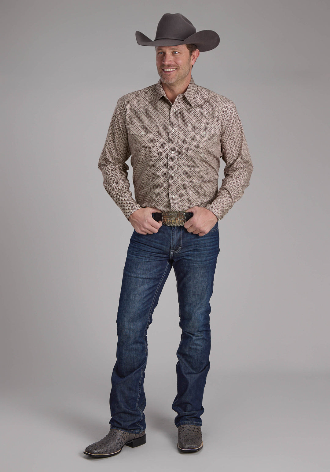 MENS STRETCH FOUR POINT FOULARD - WINE LONG SLEEVE SNAP WESTERN SHIRT