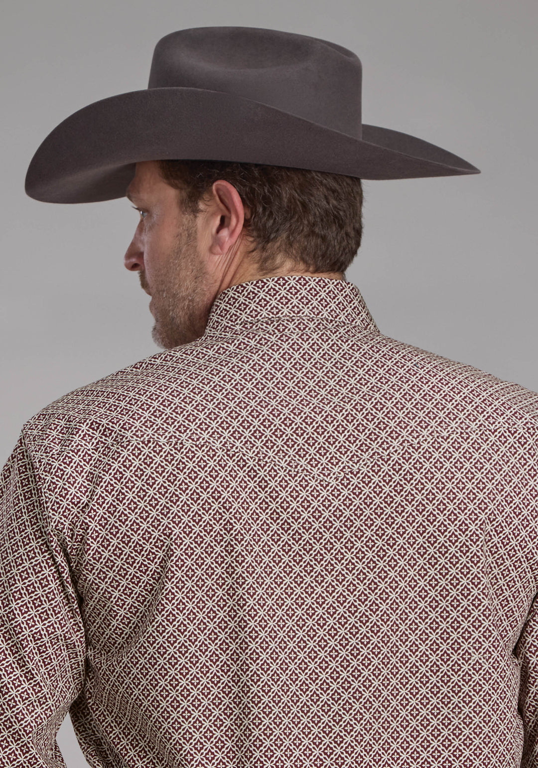 MENS STRETCH FOUR POINT FOULARD - WINE LONG SLEEVE SNAP WESTERN SHIRT