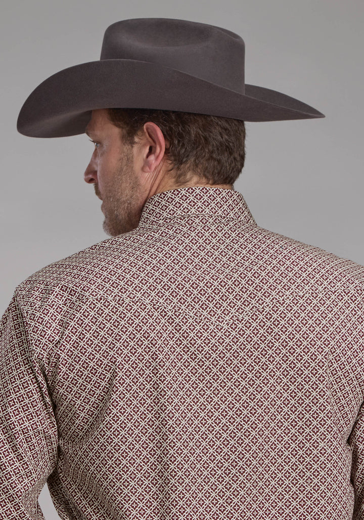 MENS STRETCH FOUR POINT FOULARD - WINE LONG SLEEVE SNAP WESTERN SHIRT