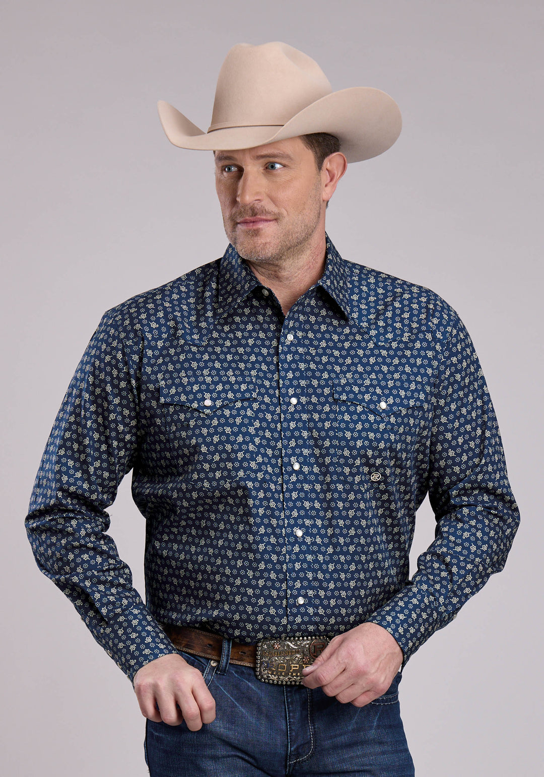MENS LONG SLEEVE SNAP STRETCH POPLIN PAISLEY - NAVY WESTERN SHIRT