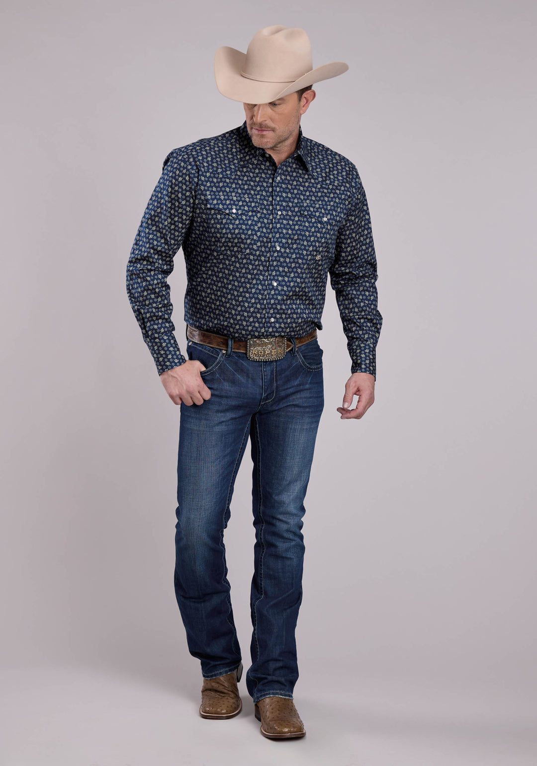 MENS LONG SLEEVE SNAP STRETCH POPLIN PAISLEY - NAVY WESTERN SHIRT
