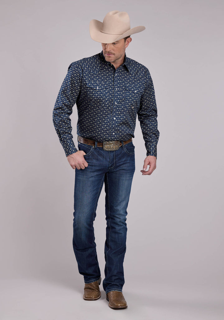 MENS LONG SLEEVE SNAP STRETCH POPLIN PAISLEY - NAVY WESTERN SHIRT