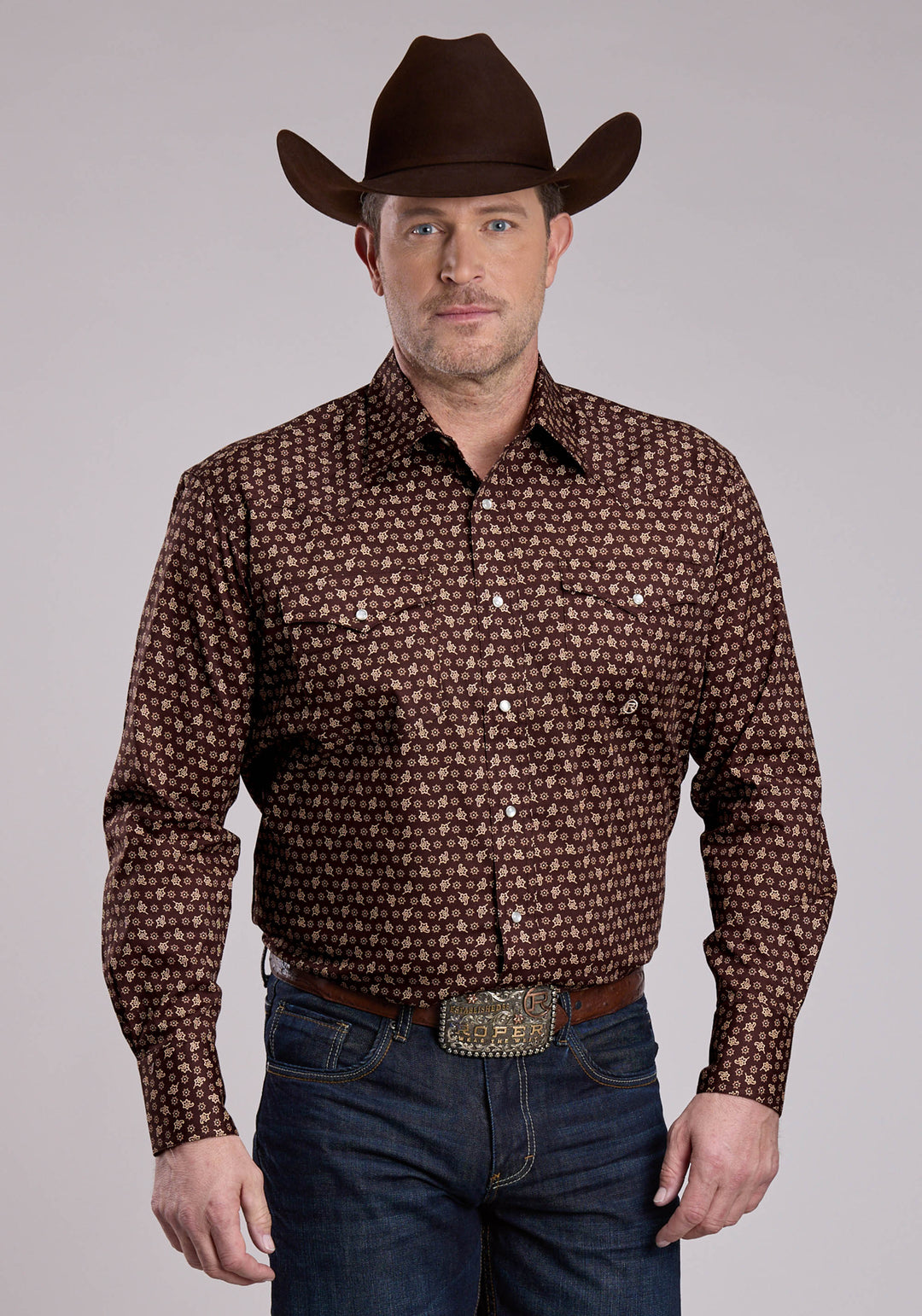 MENS LONG SLEEVE SNAP STRETCH POPLIN PAISLEY - BROWN WESTERN SHIRT