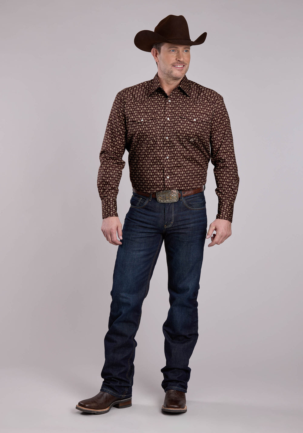 MENS LONG SLEEVE SNAP STRETCH POPLIN PAISLEY - BROWN WESTERN SHIRT