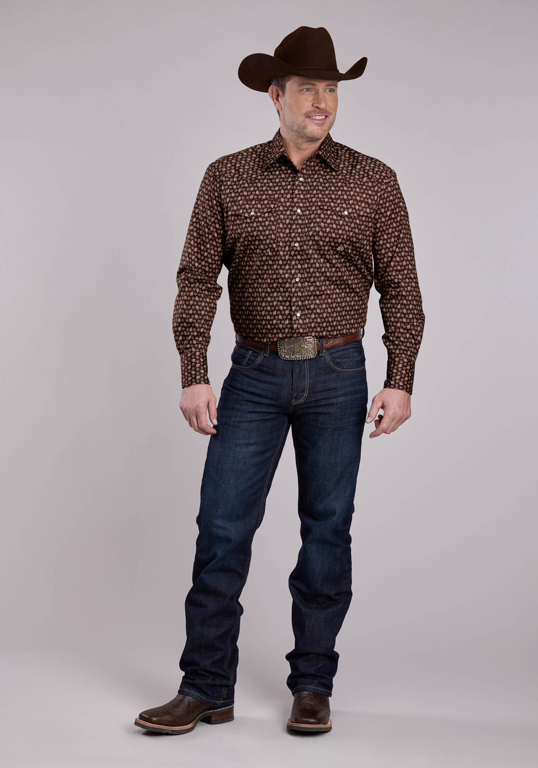 MENS LONG SLEEVE SNAP STRETCH POPLIN PAISLEY - BROWN WESTERN SHIRT