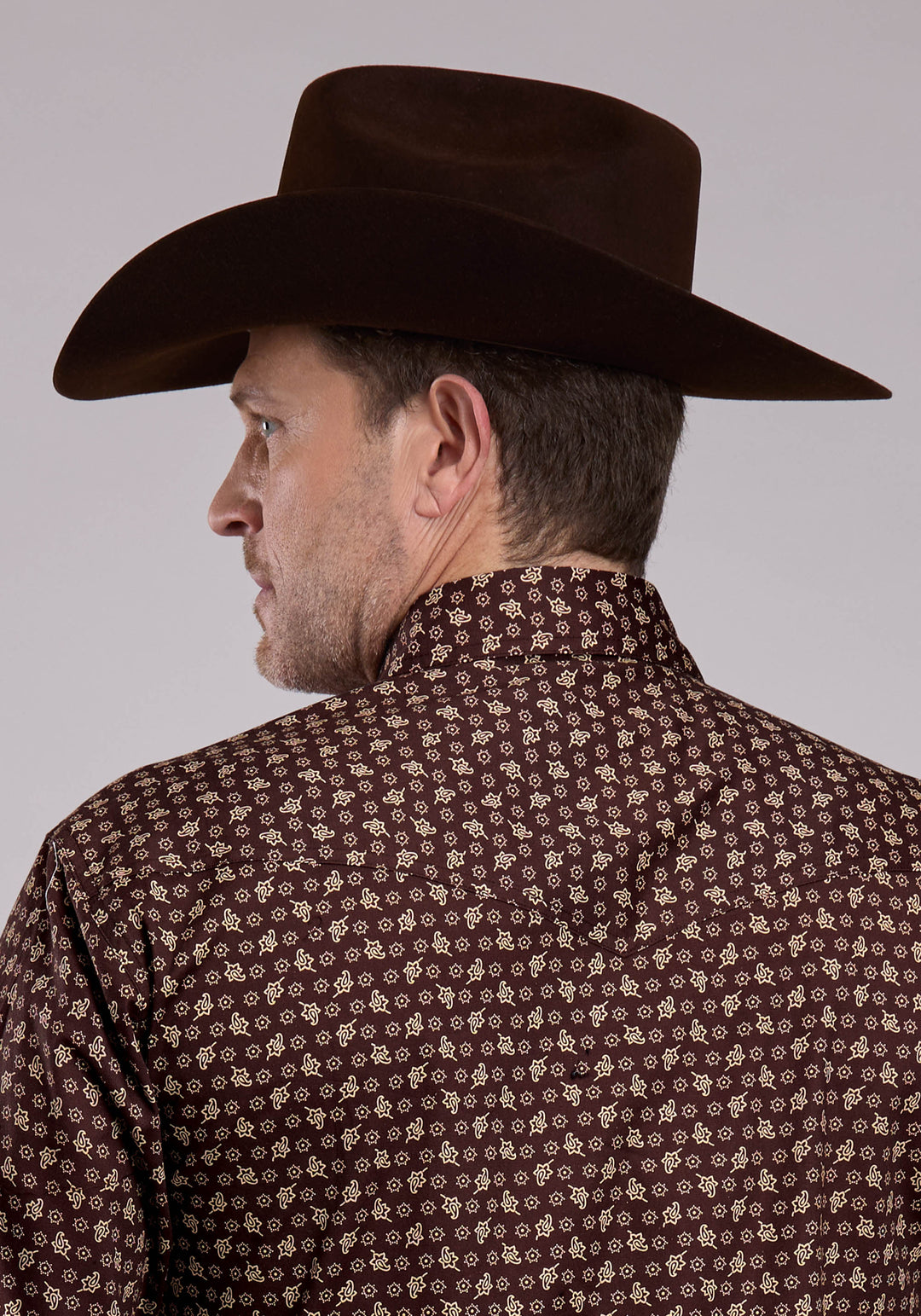 MENS LONG SLEEVE SNAP STRETCH POPLIN PAISLEY - BROWN WESTERN SHIRT