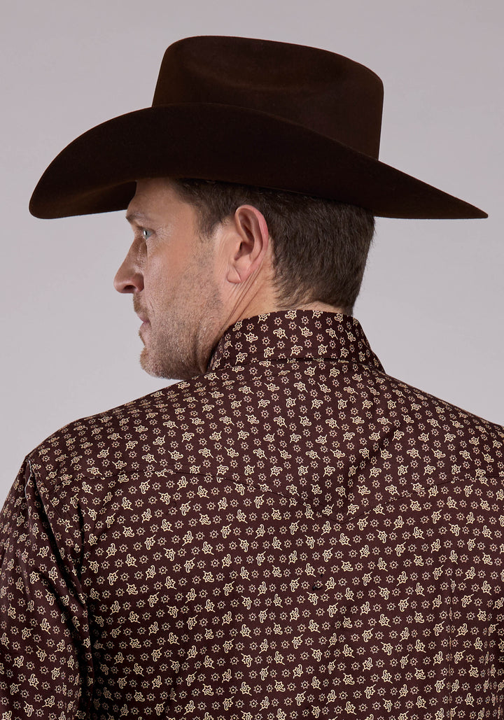MENS LONG SLEEVE SNAP STRETCH POPLIN PAISLEY - BROWN WESTERN SHIRT