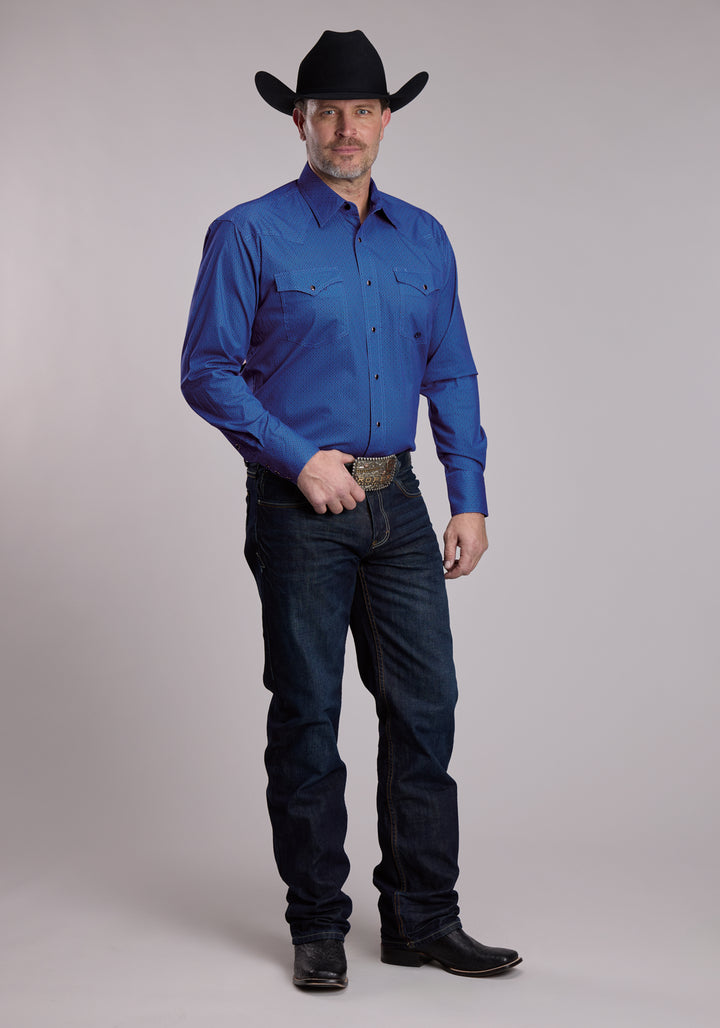 MENS ROPER BLUE LATTICE STRETCH WESTERN SNAP SHIRT