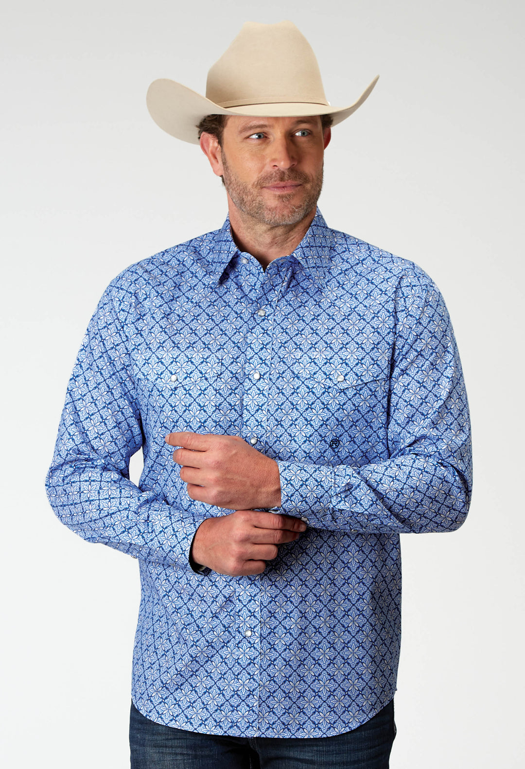 MENS LONG SLEEVE SNAP BLUE SKIES TIE PRINT WESTERN SHIRT