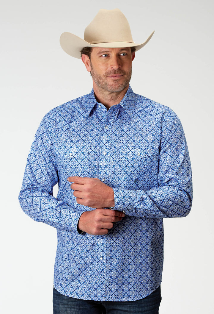 MENS LONG SLEEVE SNAP BLUE SKIES TIE PRINT WESTERN SHIRT
