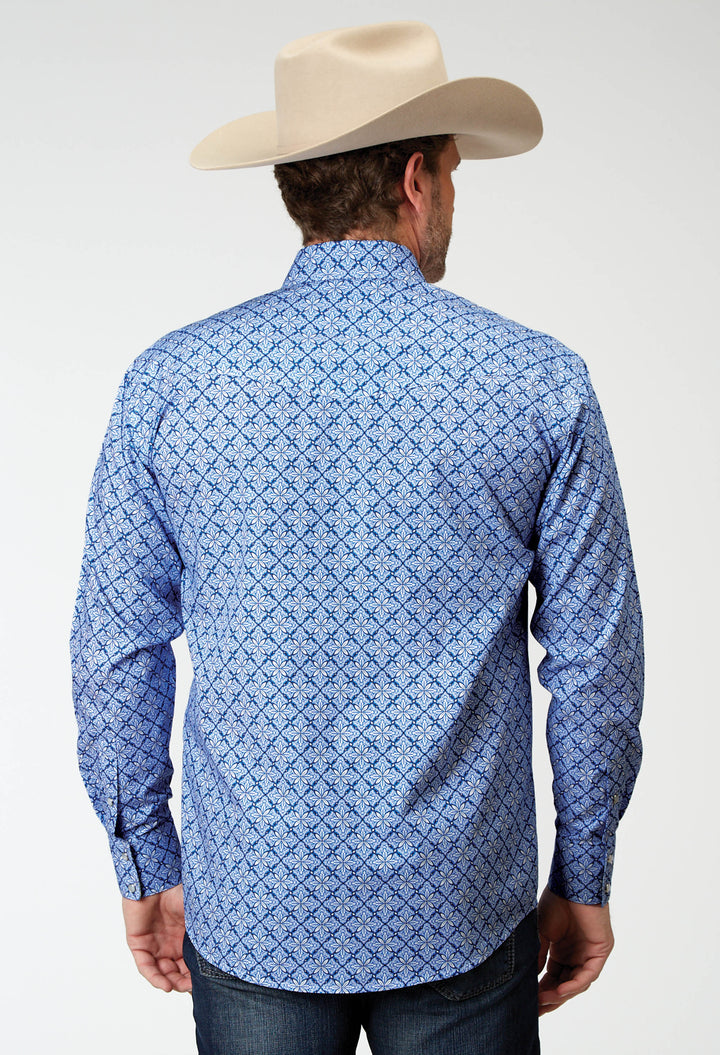 MENS LONG SLEEVE SNAP BLUE SKIES TIE PRINT WESTERN SHIRT