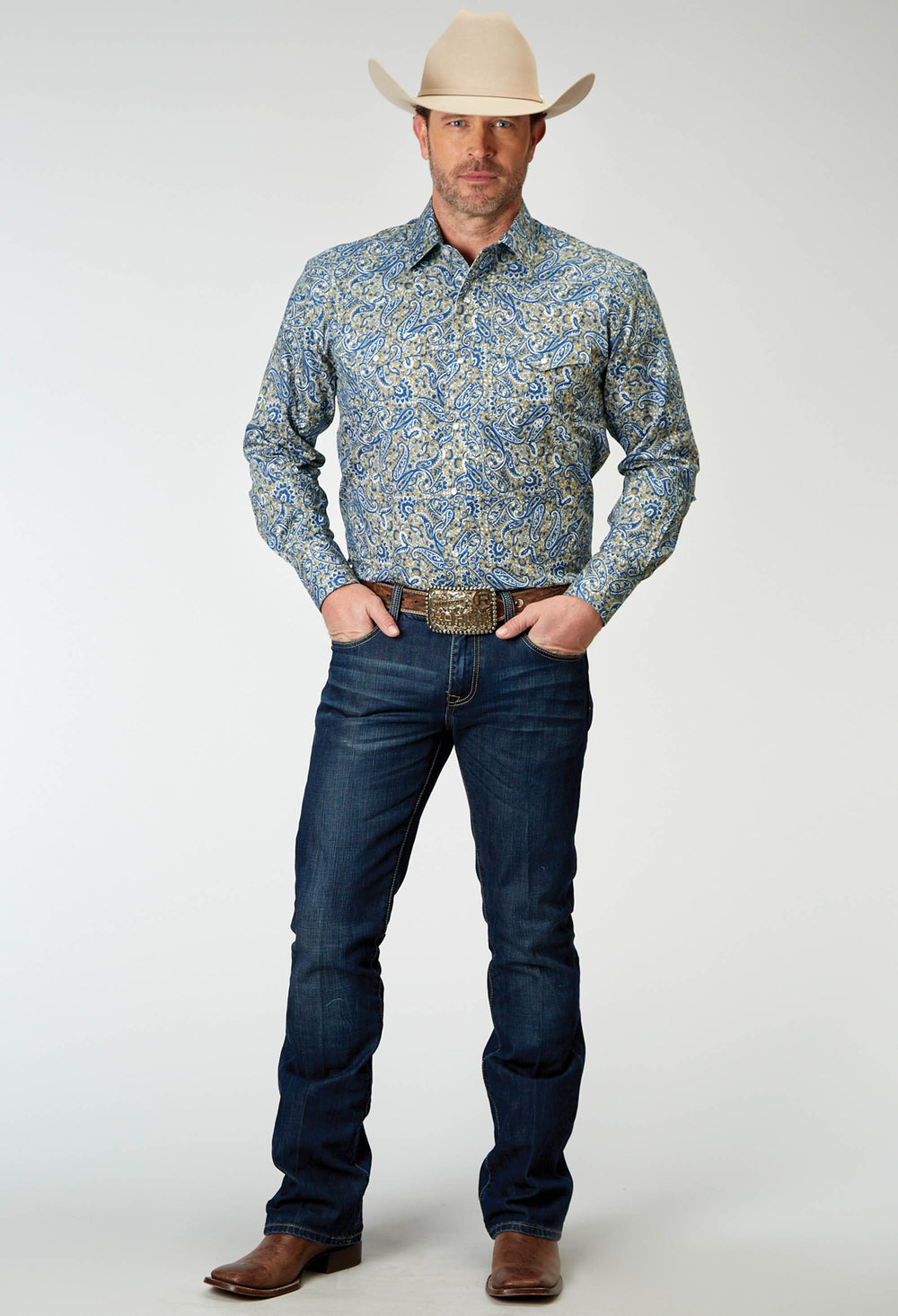 MENS LONG SLEEVE SNAP DELFT PAISLEY WESTERN SHIRT