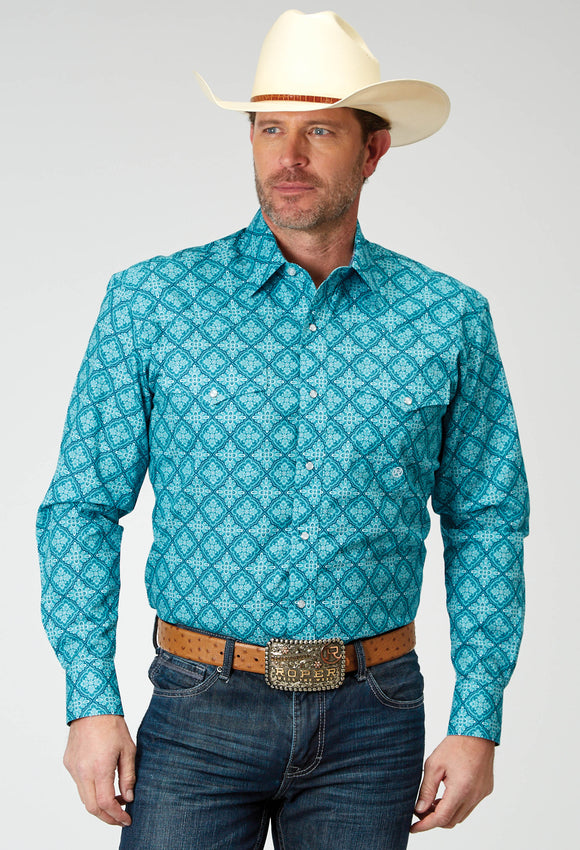 MENS LONG SLEEVE SNAP LAKE MEDALLION WESTERN SHIRT