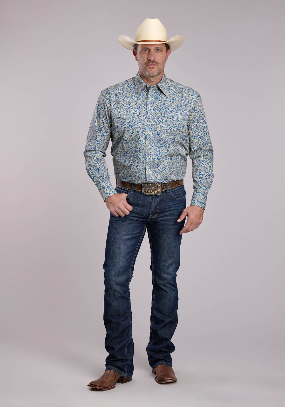 MENS ROPER BLUE LINE PAISLEY LONG SLEEVE SNAP SHIRT