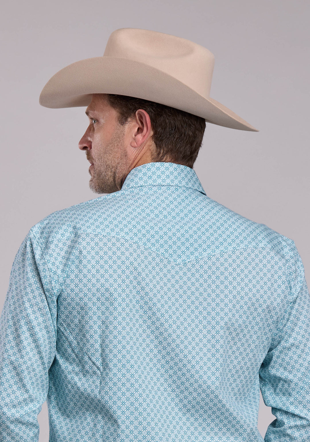 MENS ROPER STRETCH FOUR POINT FOULARD - TEAL LONG SLEEVE SNAP SHIRT