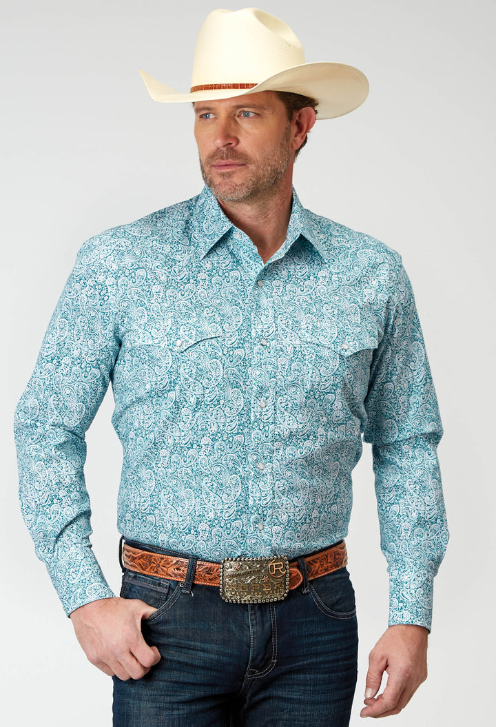 MENS LONG SLEEVE SNAP STRETCH POPLIN TEAL PAISLEY WESTERN SHIRT