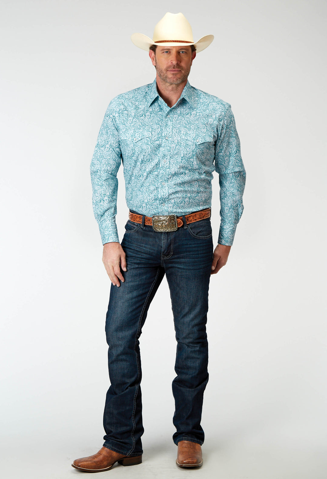 MENS LONG SLEEVE SNAP STRETCH POPLIN TEAL PAISLEY WESTERN SHIRT