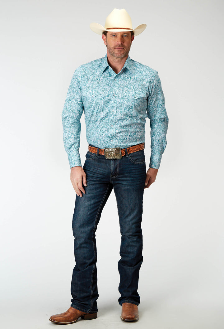 MENS LONG SLEEVE SNAP STRETCH POPLIN TEAL PAISLEY WESTERN SHIRT