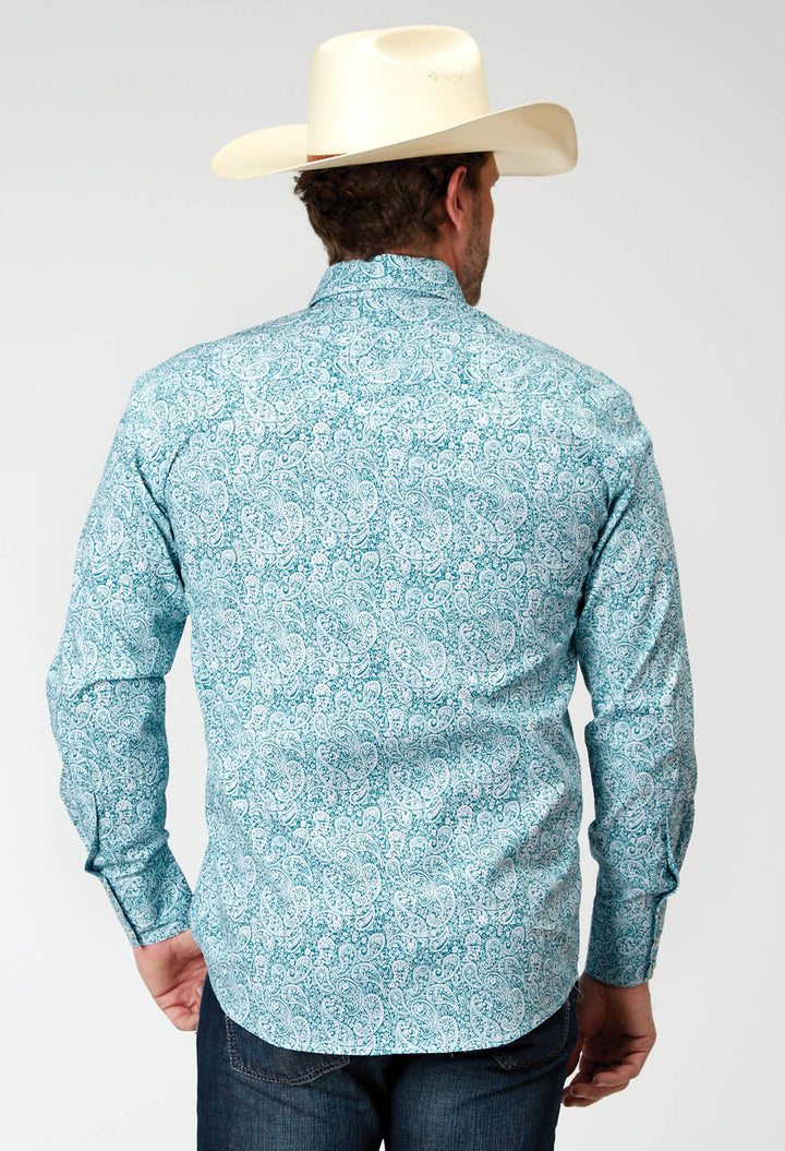 MENS LONG SLEEVE SNAP STRETCH POPLIN TEAL PAISLEY WESTERN SHIRT