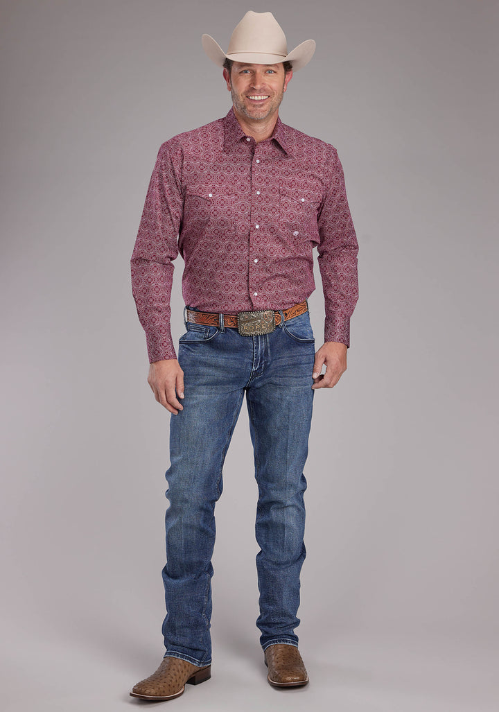 MENS STRETCH MEDALLION PAISLEY - RED LONG SLEEVE SNAP WESTERN SHIRT