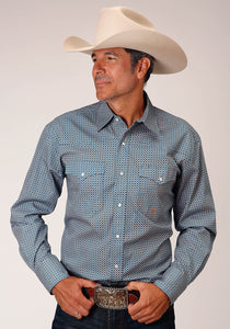 MENS LONG SLEEVE SNAP BLUE GEO WESTERN SHIRT
