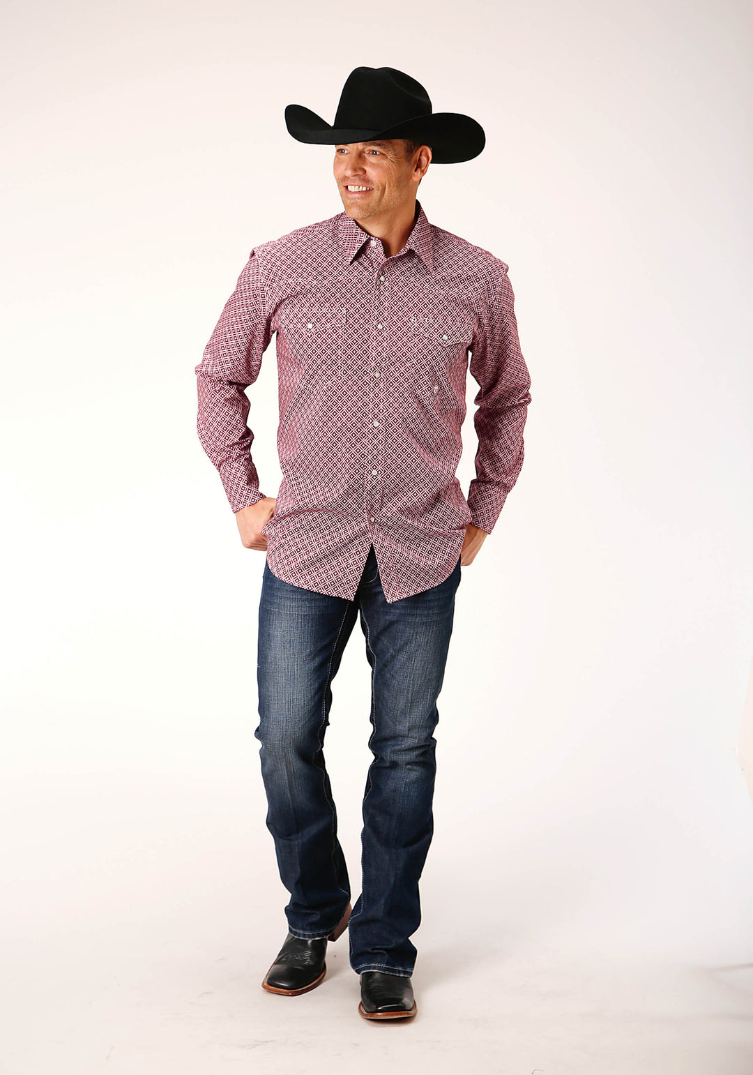 MENS LONG SLEEVE SNAP RED DIAMOND FOULARD WESTERN SHIRT