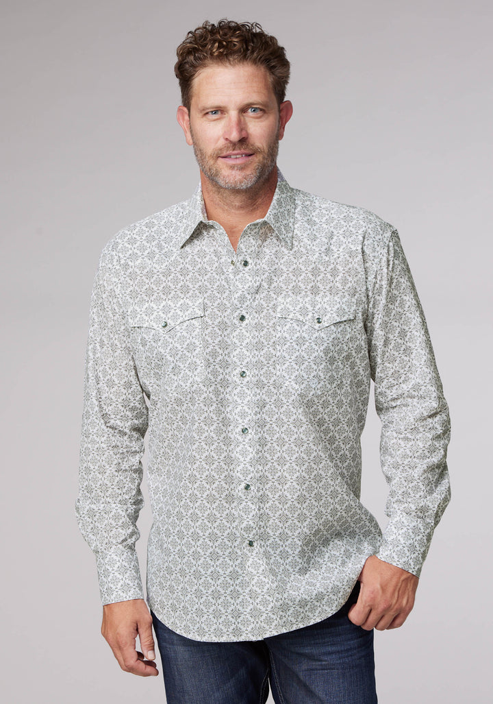 MENS LONG SLEEVE SNAP SILVER MEDALLION WESTERN SHIRT