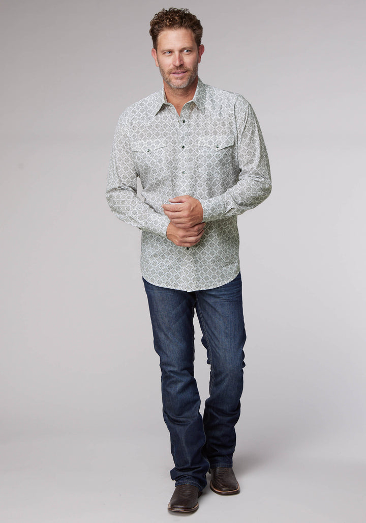 MENS LONG SLEEVE SNAP SILVER MEDALLION WESTERN SHIRT