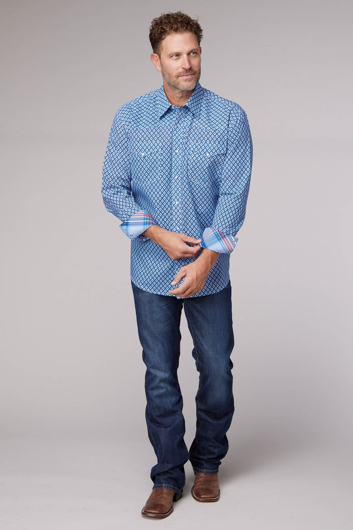 MENS BLUE FOULARD LONG SLEEVE SNAP WESTERN SHIRT