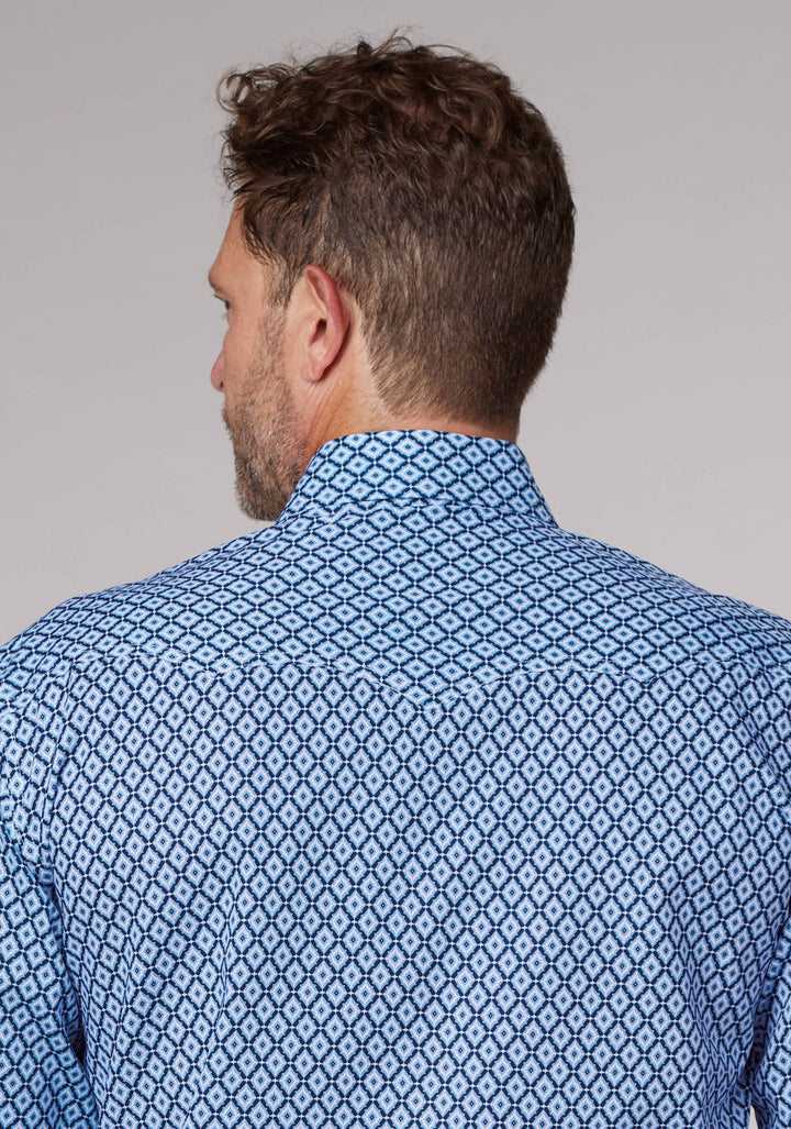 MENS BLUE FOULARD LONG SLEEVE SNAP WESTERN SHIRT