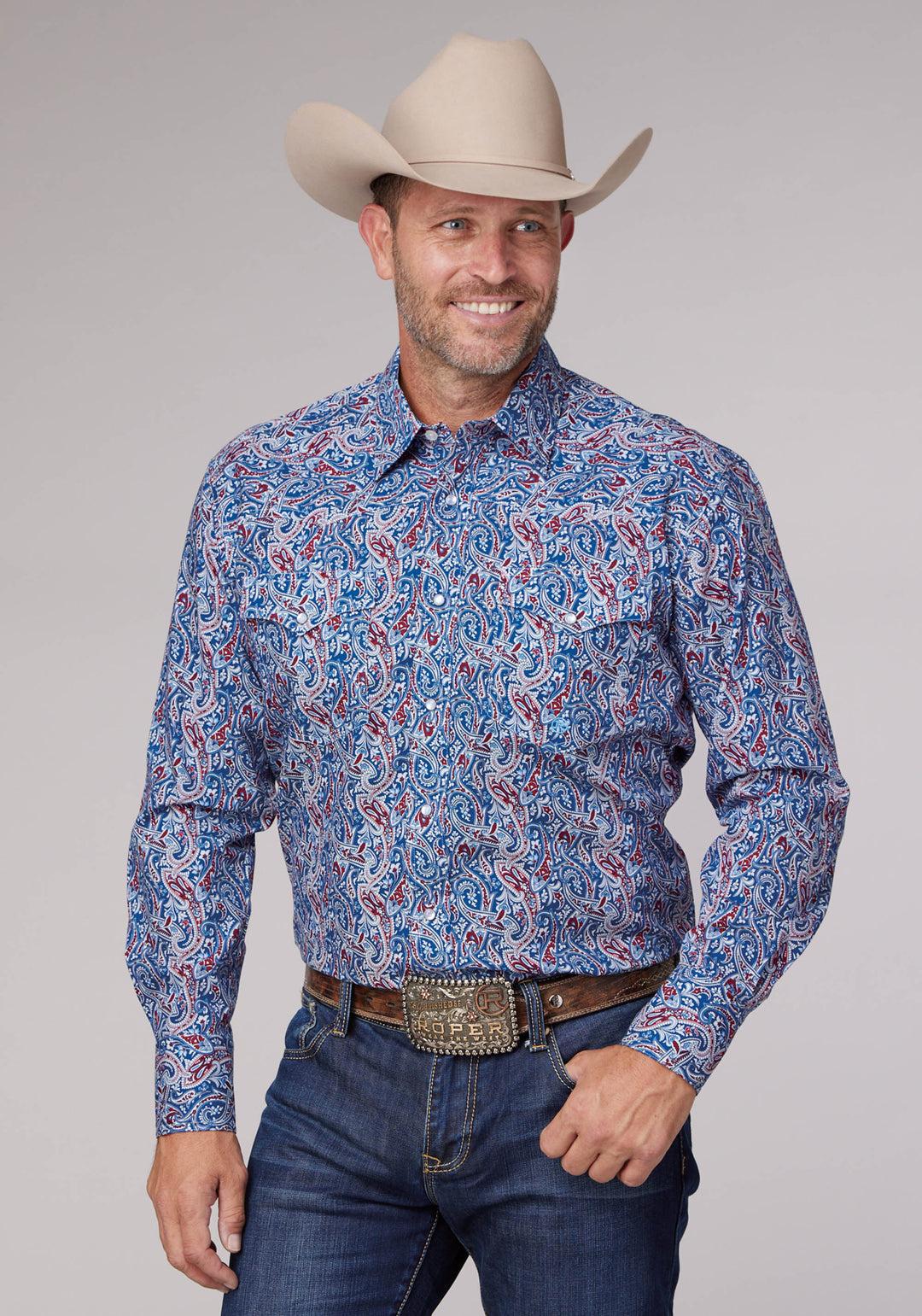 MENS LONG SLEEVE SNAP BLUE RIVER PAISLEY WESTERN SHIRT