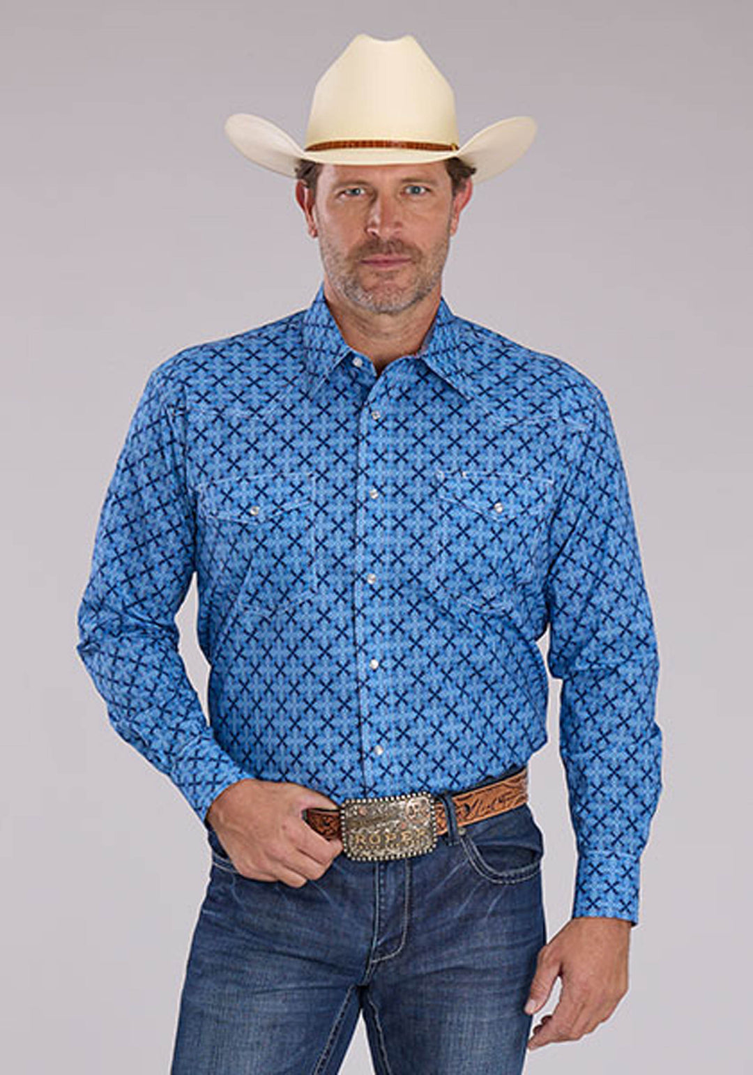 MENS BLUE RIBBON MEDALLION LONG SLEEVE SNAP WESTERN SHIRT