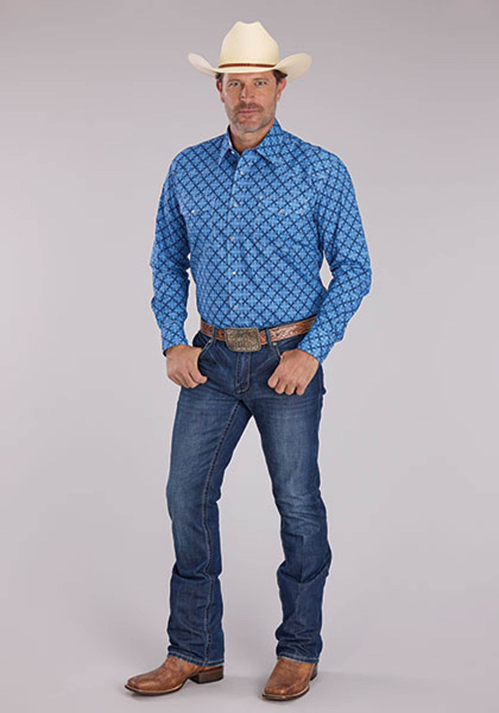 MENS BLUE RIBBON MEDALLION LONG SLEEVE SNAP WESTERN SHIRT
