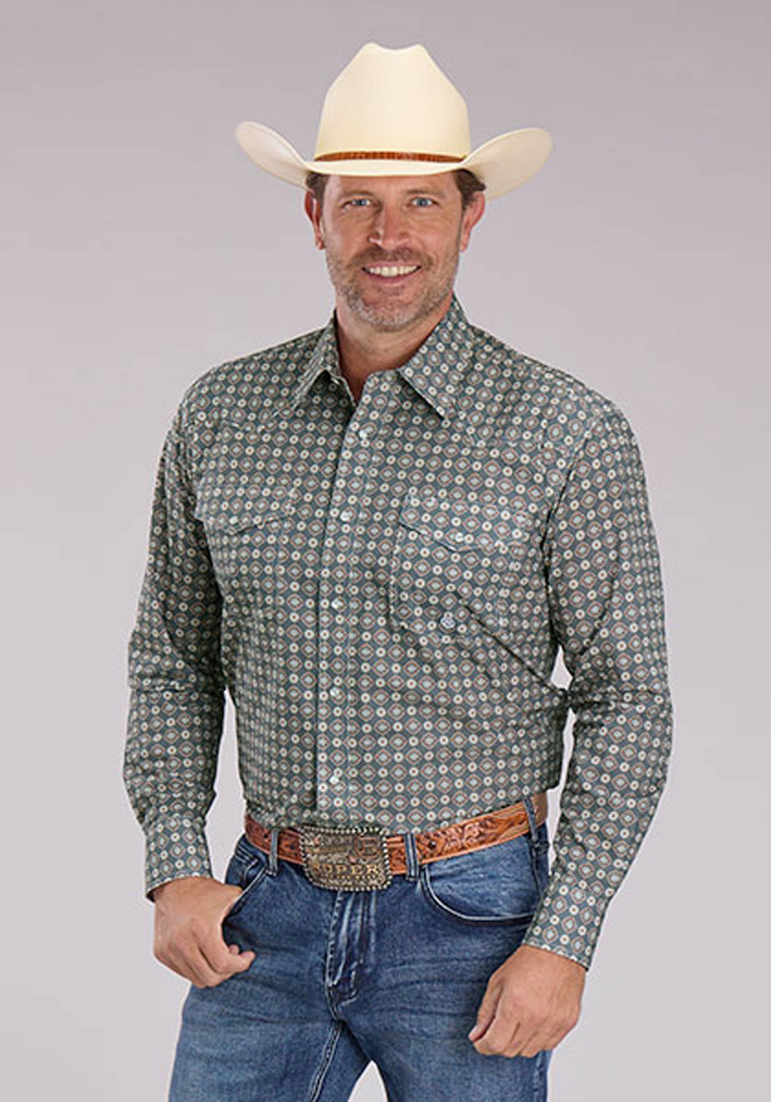 MENS LONG SLEEVE SNAP MEDALLION FOULARD WESTERN SHIRT