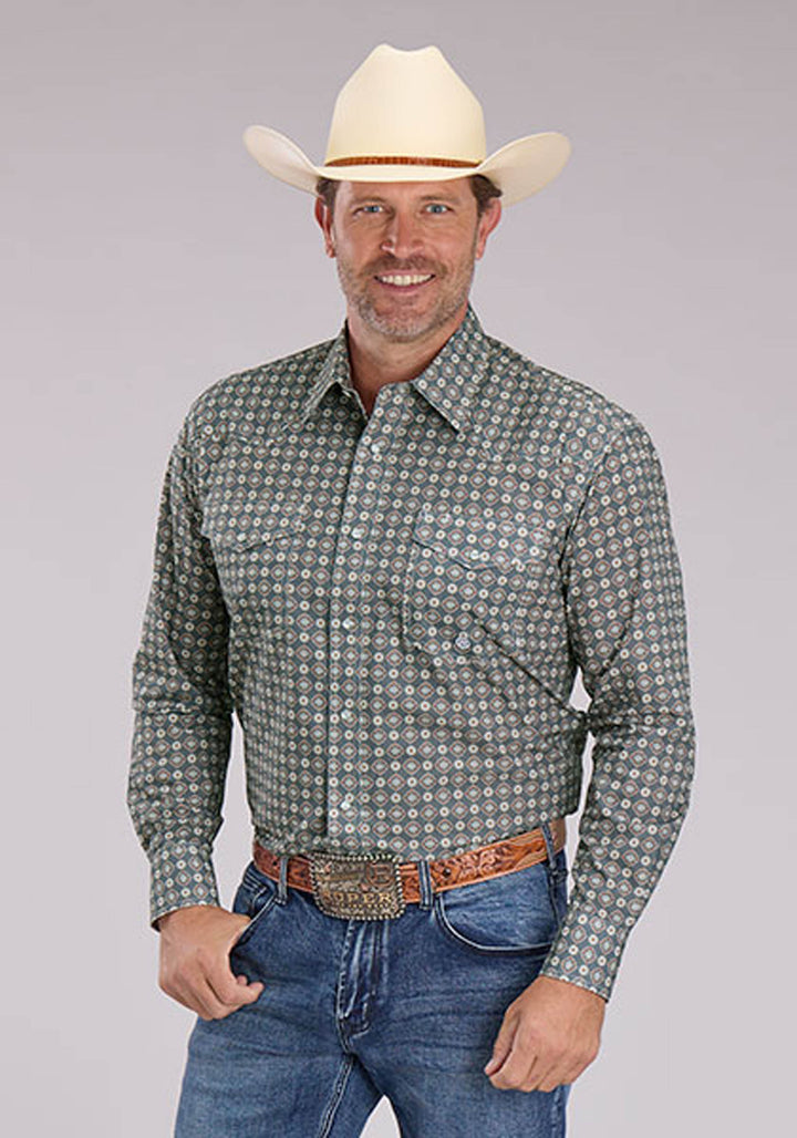 MENS LONG SLEEVE SNAP MEDALLION FOULARD WESTERN SHIRT